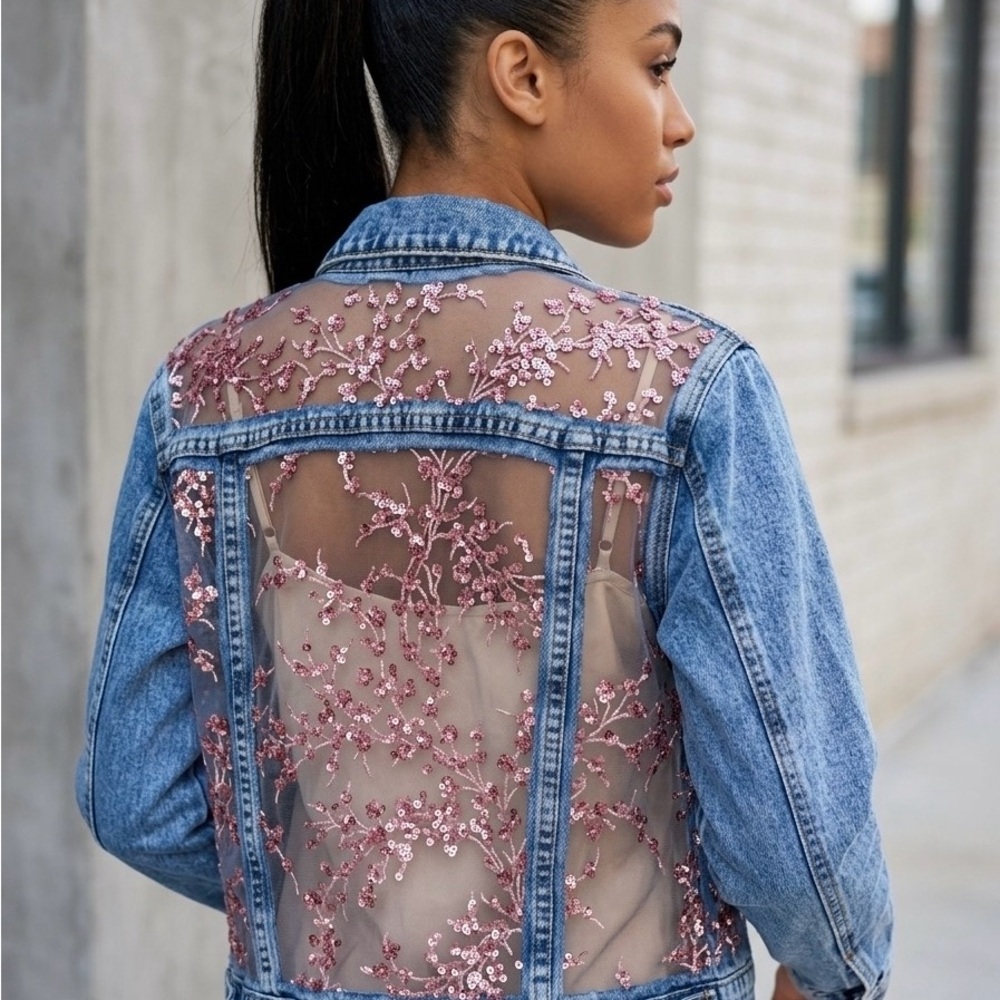 Handcrafted Sheer Embroidered Denim Jacket - Pink Embellished Back